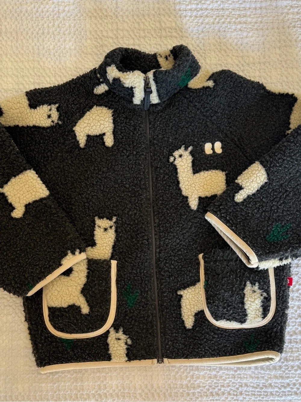 Black Alpaca Pattern Sherpa Zip Jacket